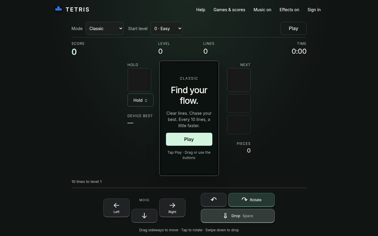 Tetris on LocalFave, classic well and play controls